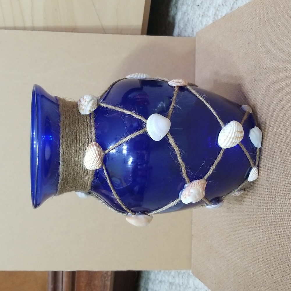 Handmade Upcycled Blue Glass Sea Shell Accented Netted Vase